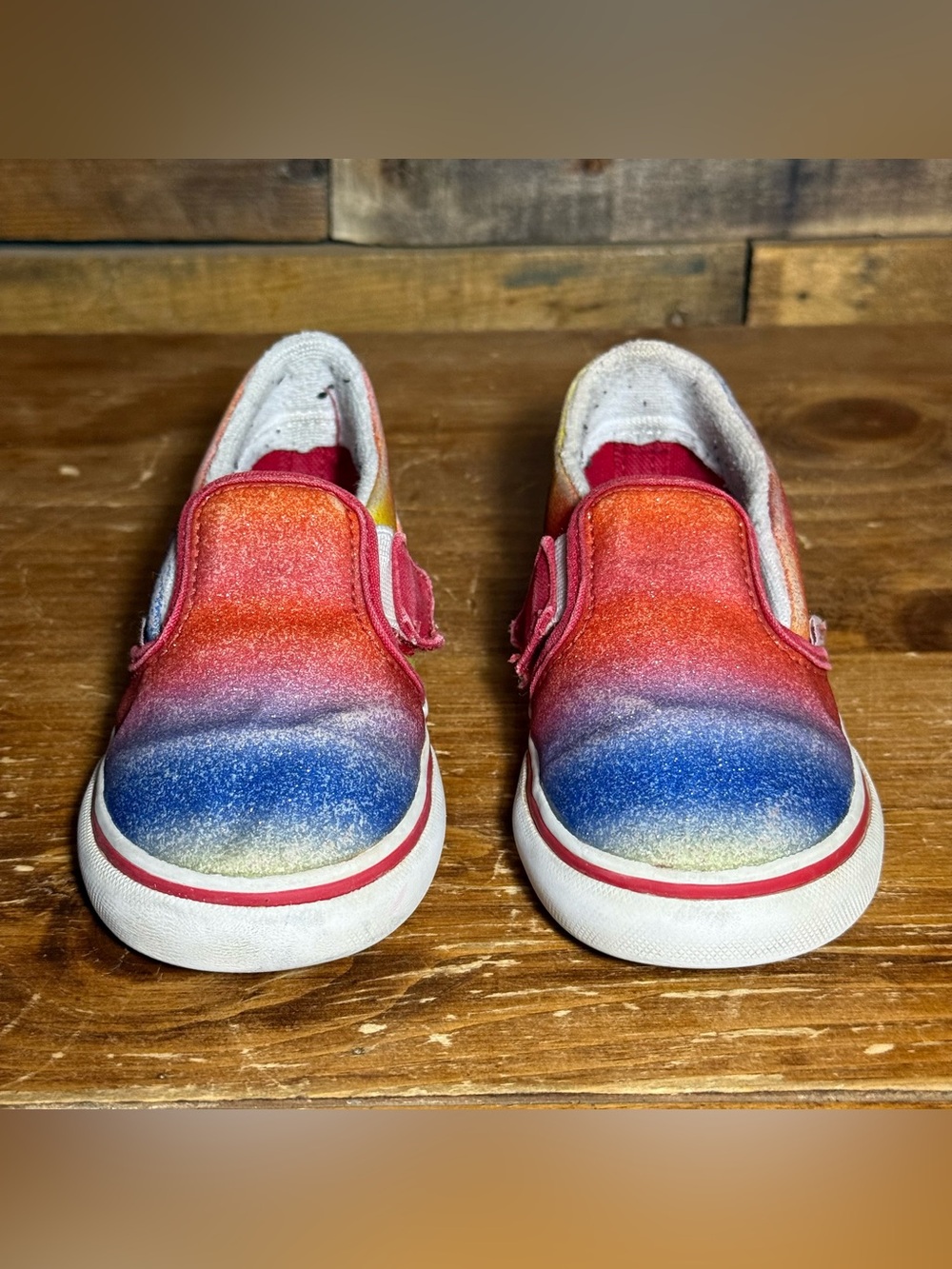 Vans Slip On Velcro Toddler Rainbow Checker & Rainbow Glitter Shoes Size 8.5 - Picture 5 of 15
